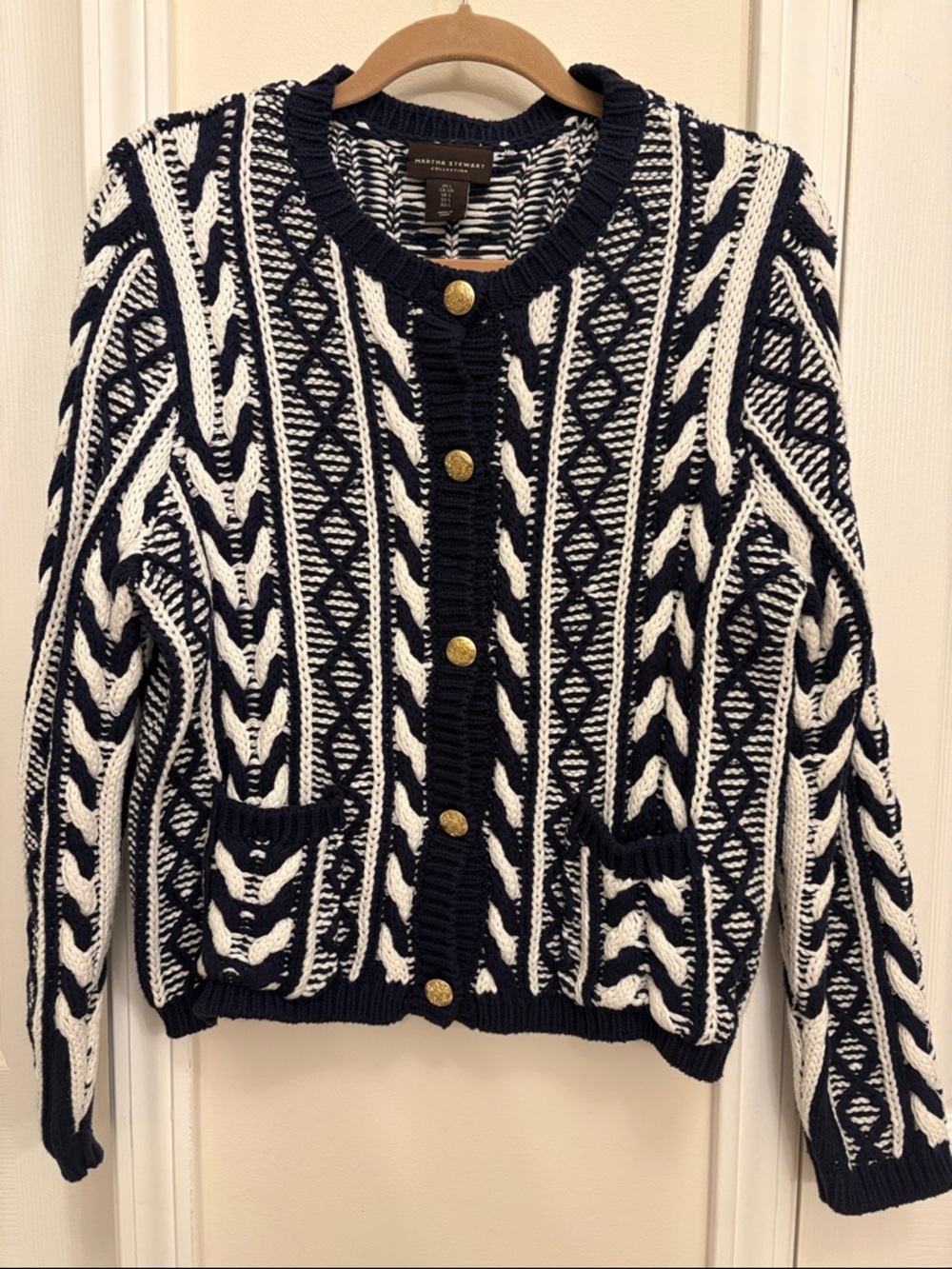 Martha Stewart Collection Navy and White Cable Knit Cardigan with Gold Buttons